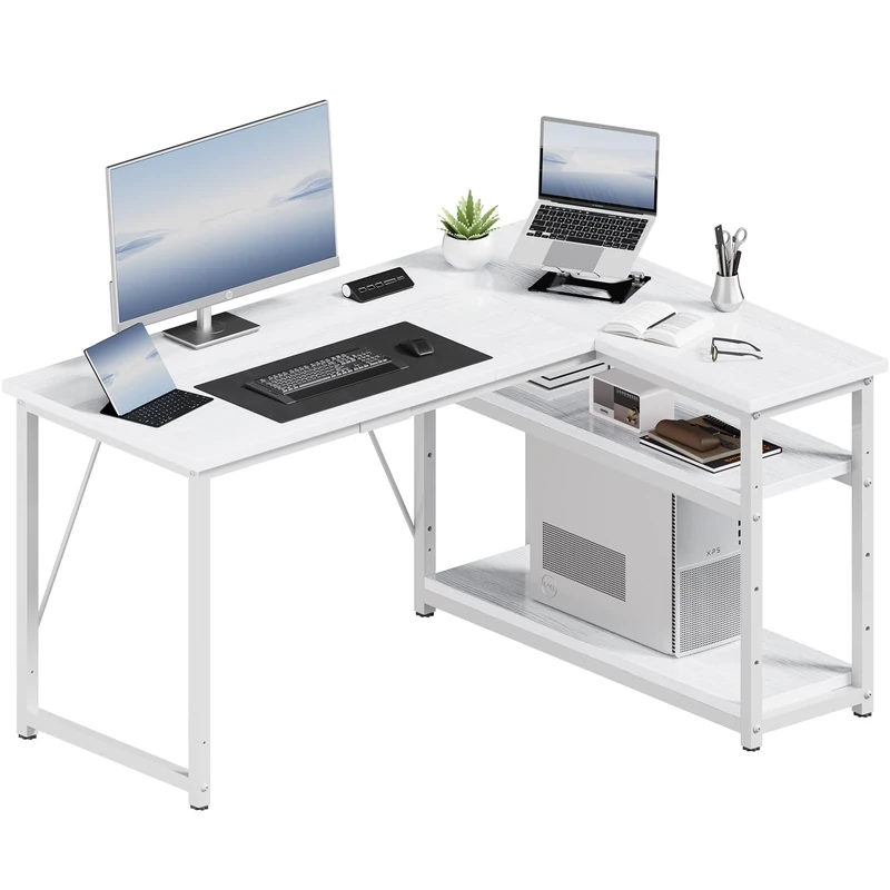 JUMMICO Small 120x80cm L-Shaped Corner Desk with Storage,Compact Corner Computer Desk for Home Office, White
