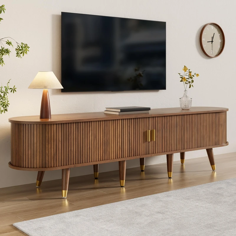 FAVSH 175 cm TV Stand Cabinet with Sliding Door,Country-Style Entertainment Center W/ 2 Drawers,TV Media Console W/Metal Handles,Open Shelves & Cabinet for Living Room,Wood