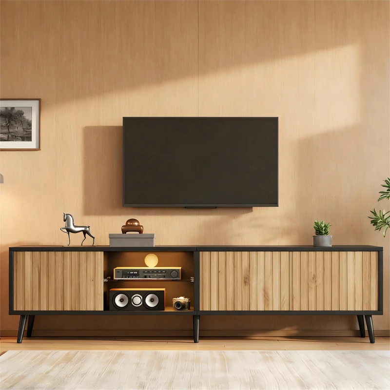 FAVSH 175cm Mid Century Modern LED TV Stand Cabinet with Open Shelf and Cabinets,Entertainment Center W/LED Light,Media Console Low Storage Cabinet for Living Room,Black & Wood
