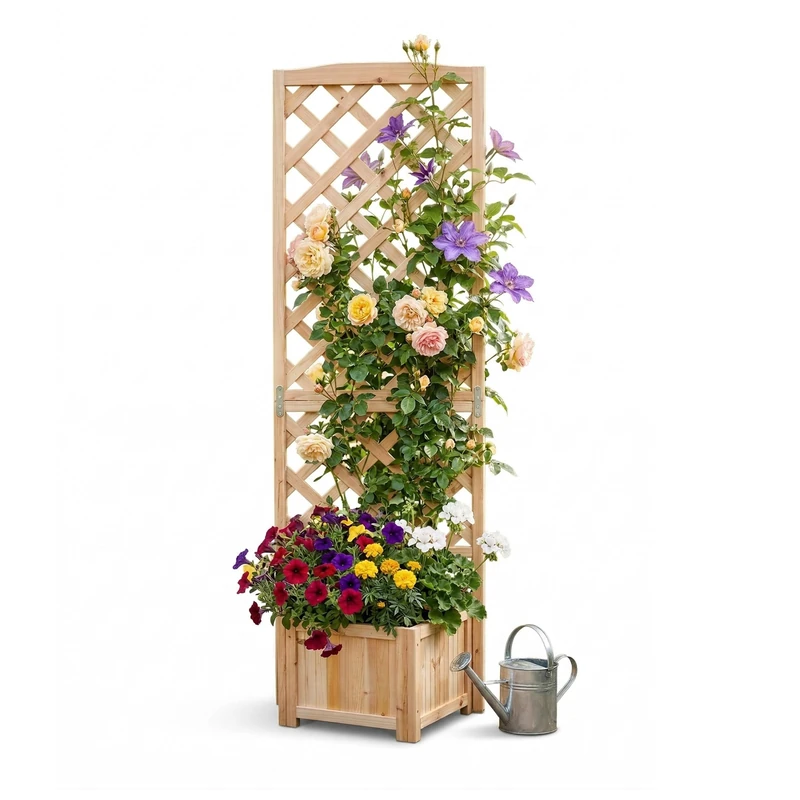 Relaxdays Planter Box with Trellis, HWD: 180x55x51 cm, Plant Pot with Rose Support, Lattice, Patio & Garden, Fir Wood