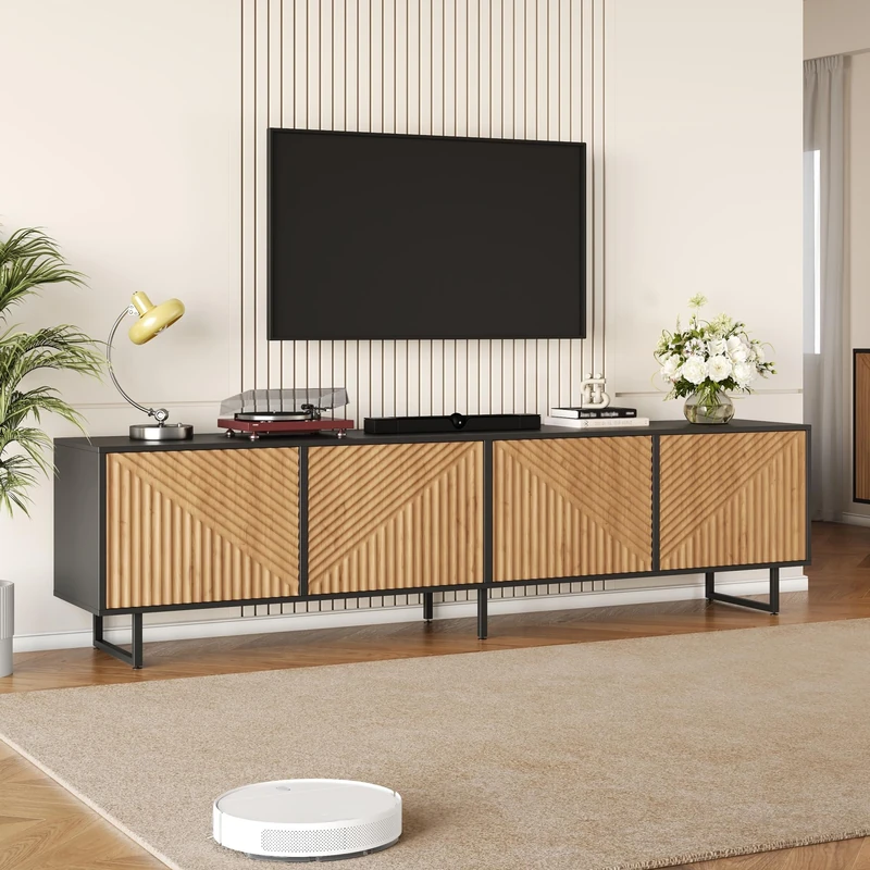 FAVSH 180cm Modern TV Stand for Tvs up to 75",Wood Entertainment Center with 4 Cabinets,TV Media Console W/Legs & Cable Management for Living Room,Black & Wood