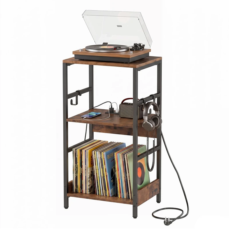 CASART 3-Tier Record Player Stand, Industrial Turntable Stand with Charging Station & 3 Hooks, Metal Frame Albums Vinyl Storage Holder Display Shelf for Living Room Bedroom