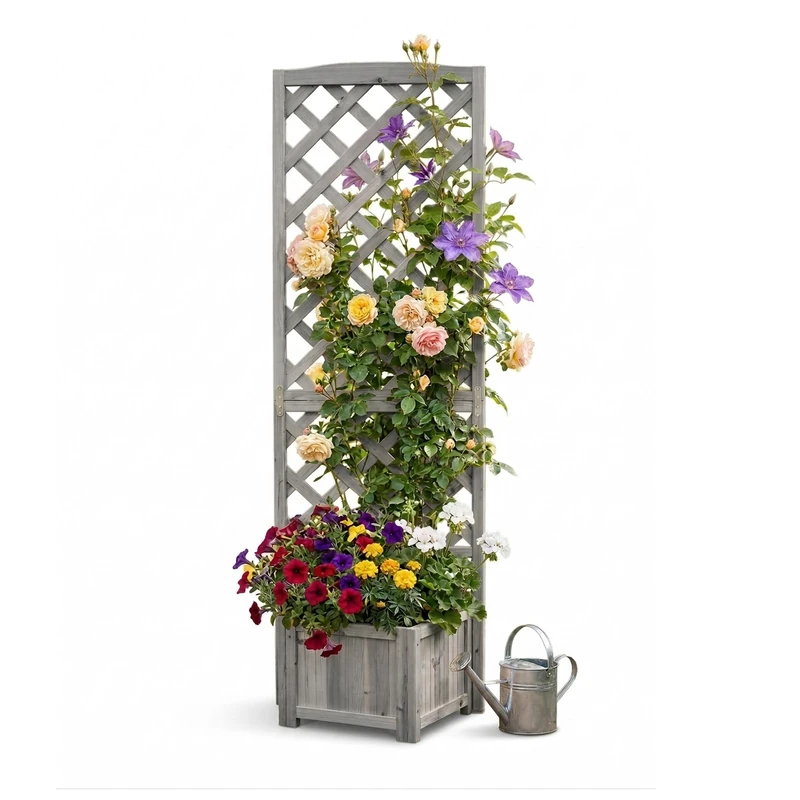 Relaxdays Planter Box with Trellis, HWD: 180x55x51 cm, Plant Pot with Rose Support, Lattice, Patio & Garden, Fir Wood - Image 1