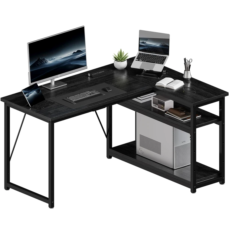 JUMMICO Small 120x80cm L-Shaped Corner Desk with Storage,Compact Corner Computer Desk for Home Office, Black