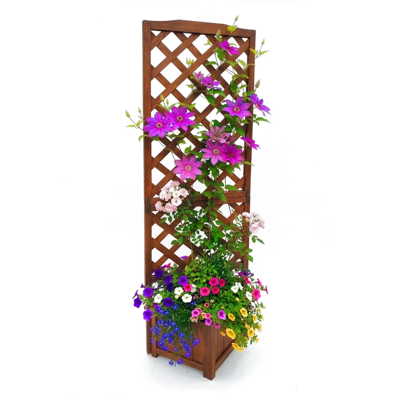 Relaxdays Planter Box with Trellis, HWD: 180x55x51 cm, Plant Pot with Rose Support, Lattice, Patio & Garden, Fir Wood