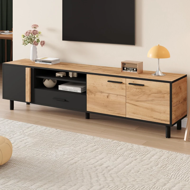 FAVSH 180cm Geometric TV Stand for Tvs up to 75",Modern Entertainment Center with Drawer and Cabinets,TV Media Console W/Legs & Adjustable Shelves for Living Room,Oak & Black