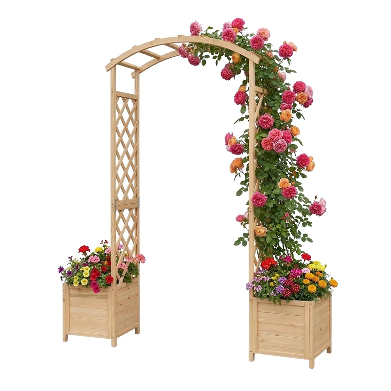 Relaxdays Rose Arch, round arch with 2 planters, HxWxD: 206 x 180 x 40 cm, trellis, fir wood, natural
