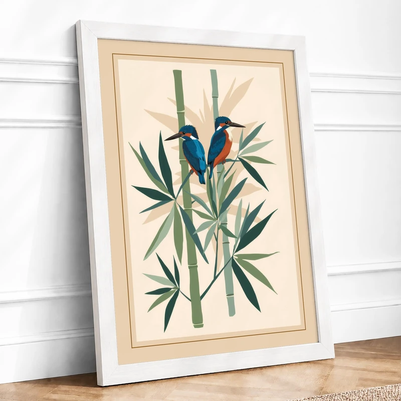 Kingfishers on Bamboo Botanical Framed Wall Art Print A1 (84.1×59.4cm) White, Wall Decor for Living Room, Bedroom, Office & Home, Ready to Hang, Art Gift