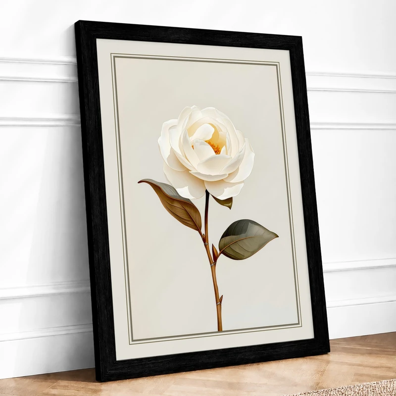 Single White Rose Botanical Framed Wall Art Print A1 (84.1×59.4cm) Black, Wall Decor for Living Room, Bedroom, Office & Home, Ready to Hang, Art Gift - Image 1