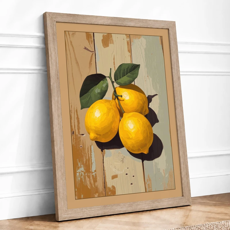 Lemons and Leaves Botanical Framed Wall Art Print A1 (84.1×59.4cm) Oak, Wall Decor for Living Room, Bedroom, Office & Home, Ready to Hang, Art Gift