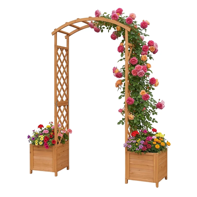 Relaxdays Rose Arch with 2 Planters, HxWxD: 206 x 180 x 40 cm, Garden Arch, Trellis, Fir Wood, Orange - Image 1