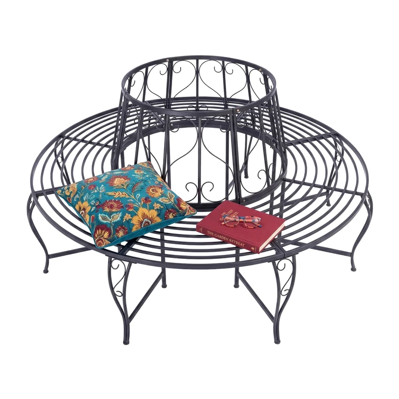 Relaxdays Tree Bench, 360-degree seating, heart motifs, HxWxD: 85x160x160 cm, steel, 600 kg, black
