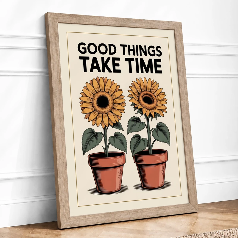 Good Things Take Time Botanical Framed Wall Art Print A1 (84.1×59.4cm) Oak, Wall Decor for Living Room, Bedroom, Office & Home, Ready to Hang, Art Gift - Image 1