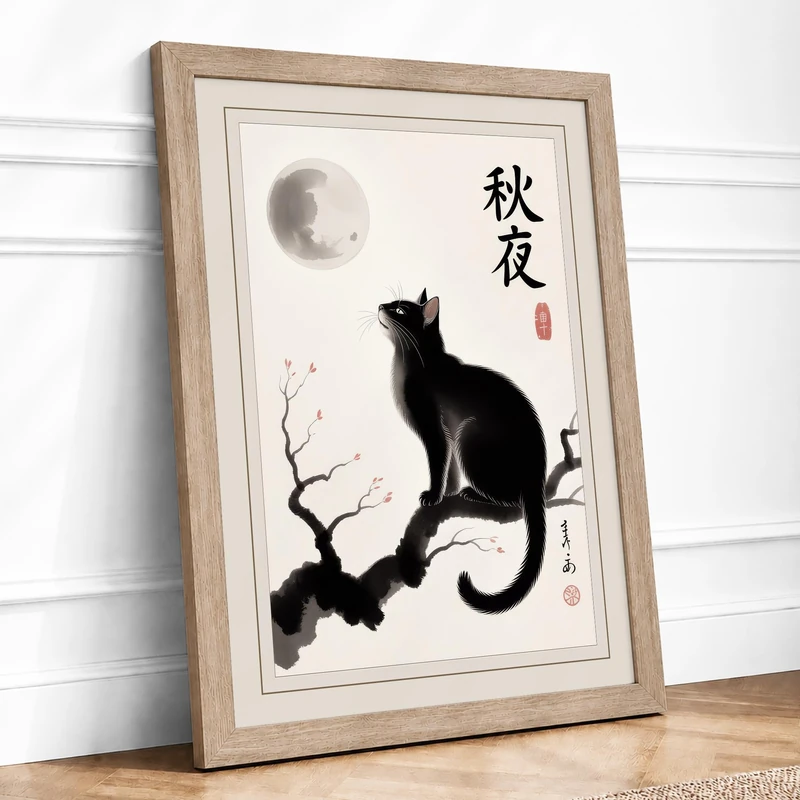 Cat Under Autumn Moon Japandi Framed Wall Art Print A1 (84.1×59.4cm) Oak, Wall Decor for Living Room, Bedroom, Office & Home, Ready to Hang, Art Gift