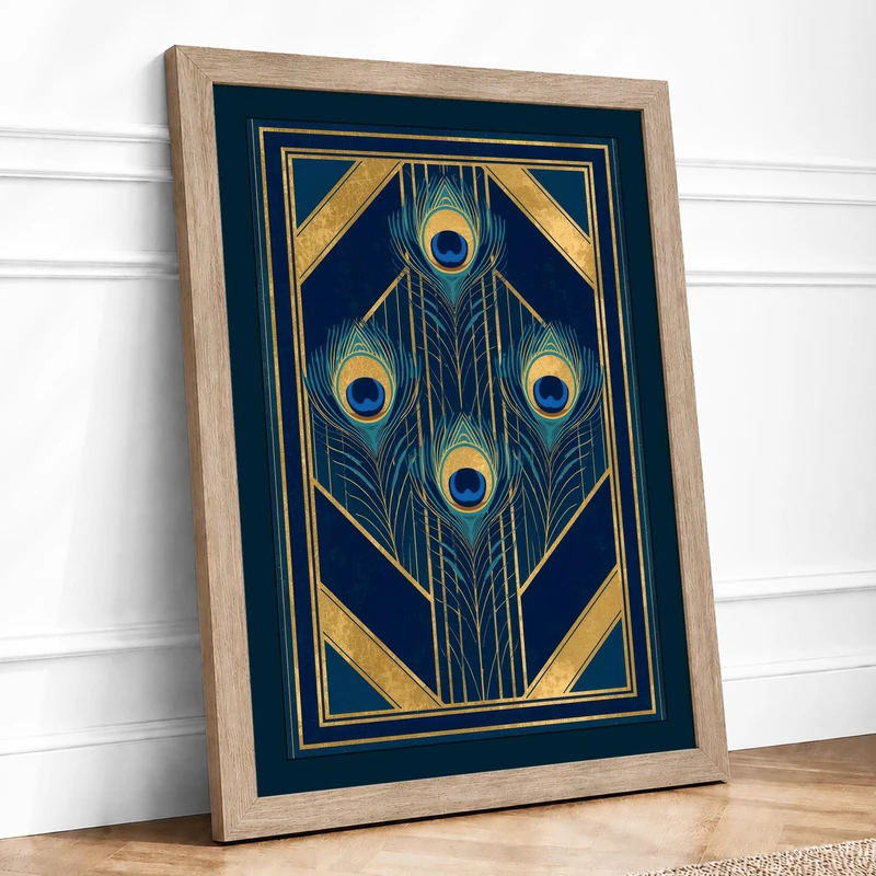 Golden Circles Art Deco Framed Wall Art Print A1 (84.1×59.4cm) Oak, Wall Decor for Living Room, Bedroom, Office & Home, Ready to Hang, Art Gift