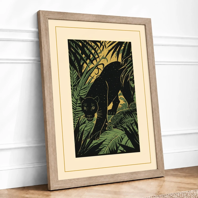 Panther in Jungle Boho Framed Wall Art Print A1 (84.1×59.4cm) Oak, Wall Decor for Living Room, Bedroom, Office & Home, Ready to Hang, Art Gift - Image 1