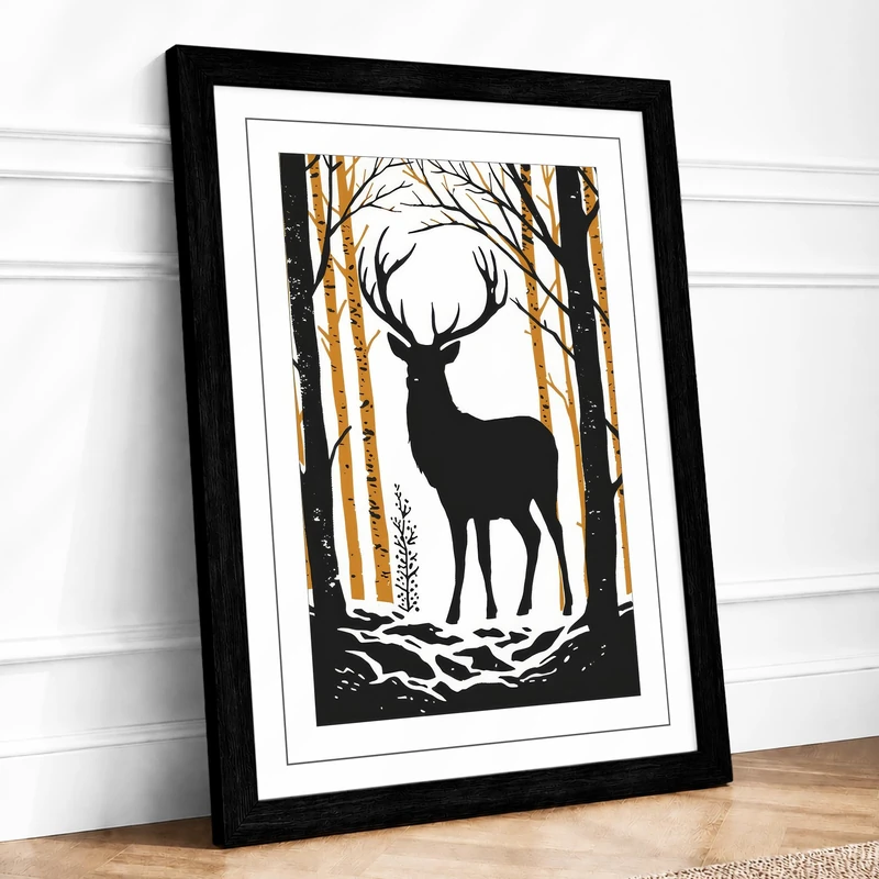 Stag in Winter Forest Minimalist Framed Wall Art Print A1 (84.1×59.4cm) Black, Wall Decor for Living Room, Bedroom, Office & Home, Ready to Hang, Art Gift - Image 1