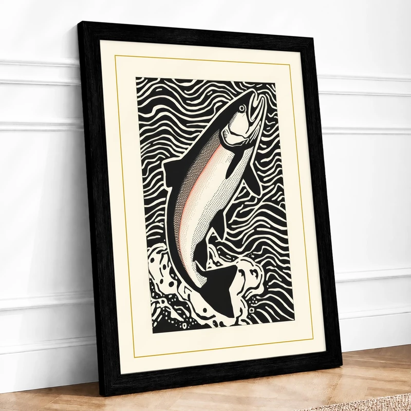 Leaping Fish Graphic Art Framed Wall Art Print A1 (84.1×59.4cm) Black, Wall Decor for Living Room, Bedroom, Office & Home, Ready to Hang, Art Gift - Image 1