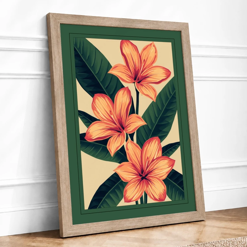 Three Orange Blooms Botanical Framed Wall Art Print A1 (84.1×59.4cm) Oak, Wall Decor for Living Room, Bedroom, Office & Home, Ready to Hang, Art Gift