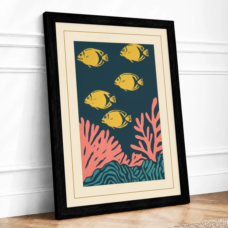 Swimming Through Coral Coastal Framed Wall Art Print A1 (84.1×59.4cm) Black, Wall Decor for Living Room, Bedroom, Office & Home, Ready to Hang, Art Gift