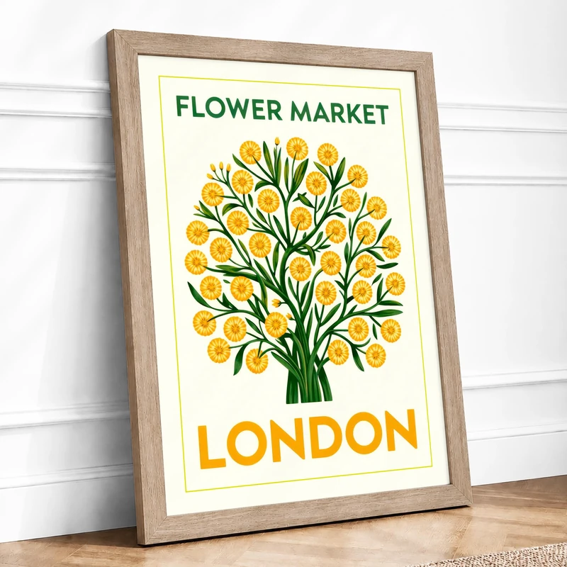 Flower Market London Botanical Framed Wall Art Print A1 (84.1×59.4cm) Oak, Wall Decor for Living Room, Bedroom, Office & Home, Ready to Hang, Art Gift