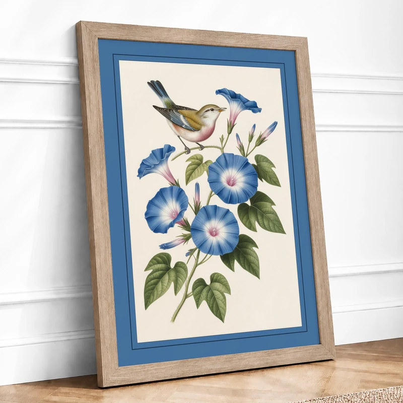 Songbird with Morning Glories Botanical Framed Wall Art Print A1 (84.1×59.4cm) Oak, Wall Decor for Living Room, Bedroom, Office & Home, Ready to Hang, Art Gift - Image 1