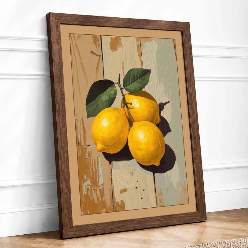 Lemons and Leaves Botanical Framed Wall Art Print A1 (84.1×59.4cm) Walnut, Wall Decor for Living Room, Bedroom, Office & Home, Ready to Hang, Art Gift - Image 1
