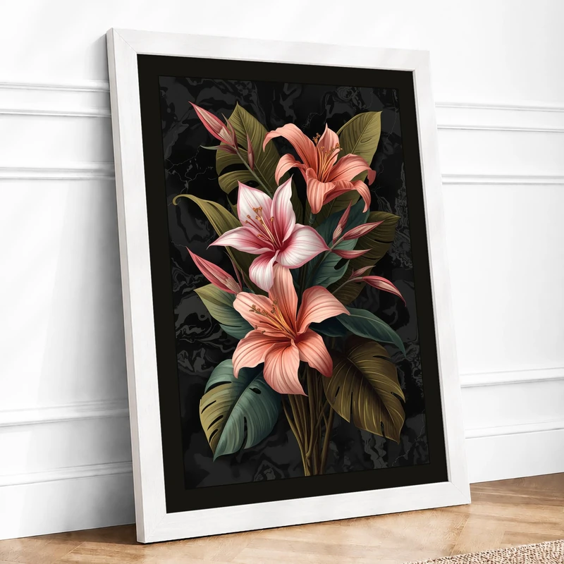 Lilies in Bloom Botanical Framed Wall Art Print A1 (84.1×59.4cm) White, Wall Decor for Living Room, Bedroom, Office & Home, Ready to Hang, Art Gift