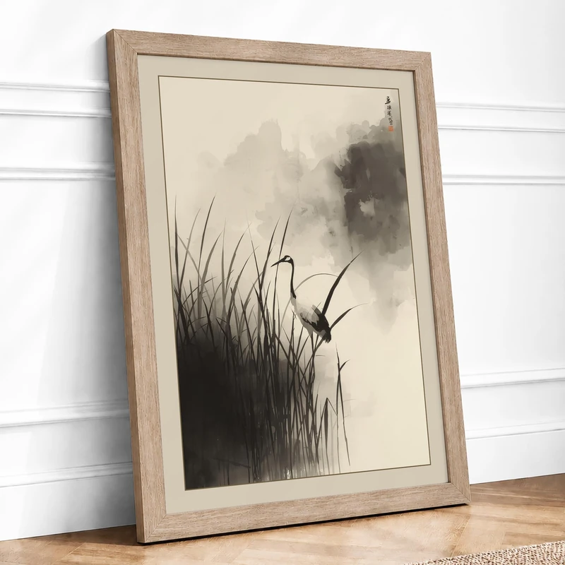 Bird in Flight Japandi Framed Wall Art Print A1 (84.1×59.4cm) Oak, Wall Decor for Living Room, Bedroom, Office & Home, Ready to Hang, Art Gift - Image 1