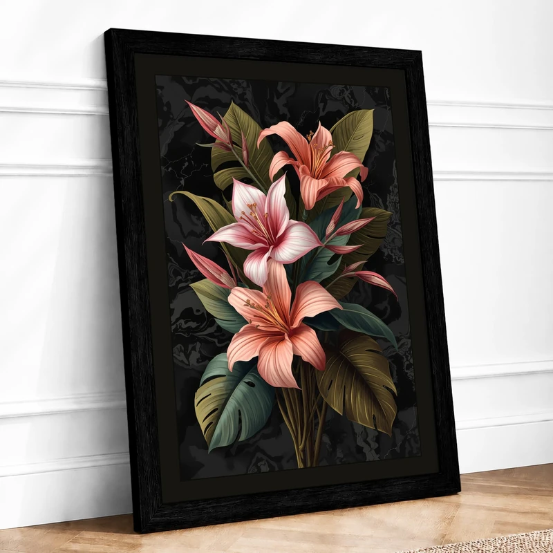 Lilies in Bloom Botanical Framed Wall Art Print A1 (84.1×59.4cm) Black, Wall Decor for Living Room, Bedroom, Office & Home, Ready to Hang, Art Gift - Image 1