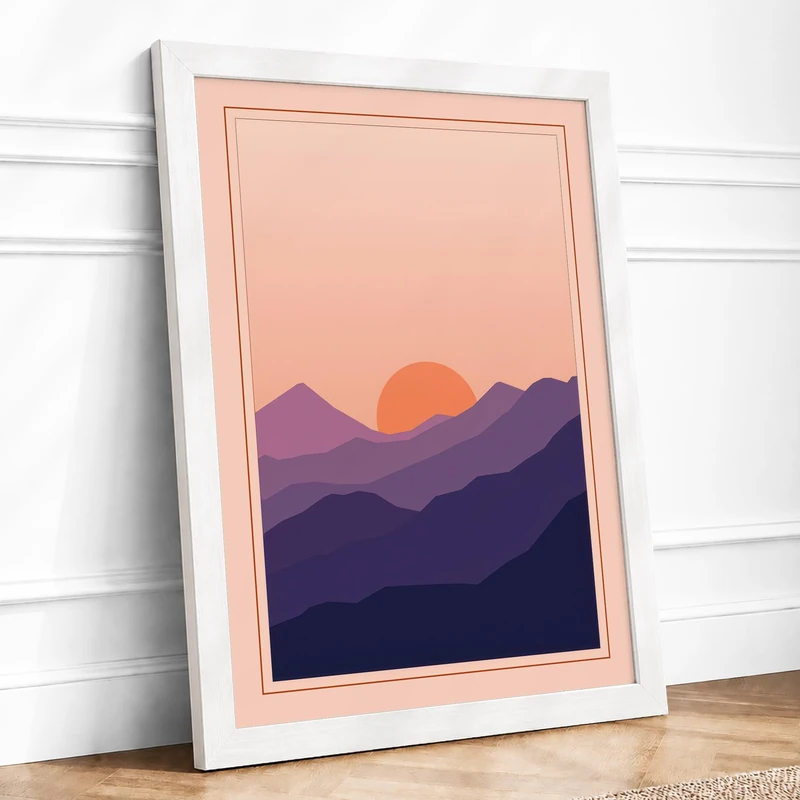 Mountains at Sunset Minimalist Framed Wall Art Print A1 (84.1×59.4cm) White, Wall Decor for Living Room, Bedroom, Office & Home, Ready to Hang, Art Gift