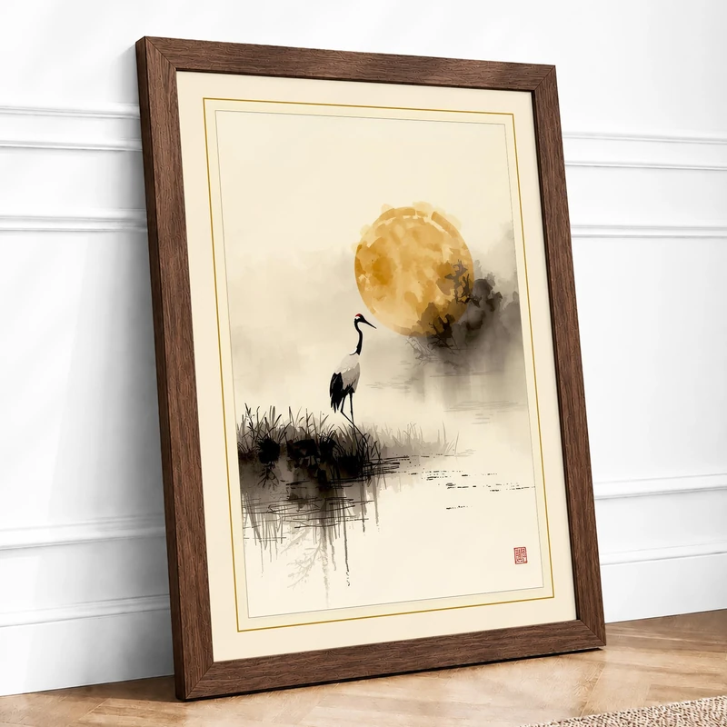 Crane at Dawn Japandi Framed Wall Art Print A1 (84.1×59.4cm) Walnut, Wall Decor for Living Room, Bedroom, Office & Home, Ready to Hang, Art Gift - Image 1