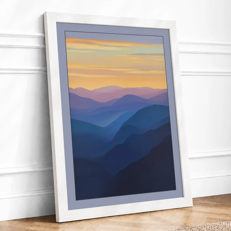 Mountains at Dawn Minimalist Framed Wall Art Print A1 (84.1×59.4cm) White, Wall Decor for Living Room, Bedroom, Office & Home, Ready to Hang, Art Gift