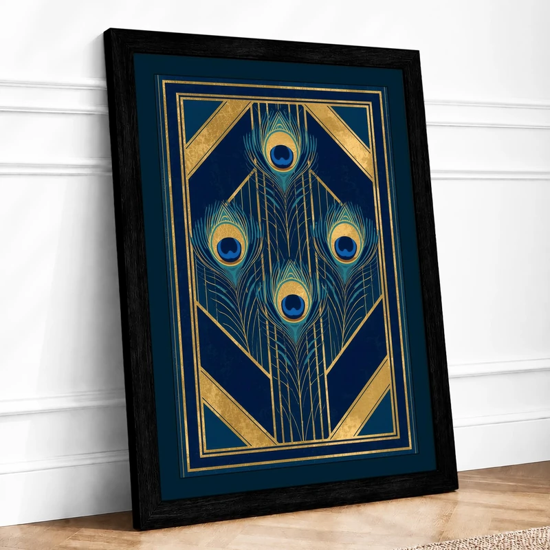 Golden Circles Art Deco Framed Wall Art Print A1 (84.1×59.4cm) Black, Wall Decor for Living Room, Bedroom, Office & Home, Ready to Hang, Art Gift