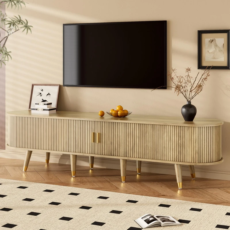 FAVSH 175 cm TV Stand Cabinet with Sliding Door,Country-Style Entertainment Center W/ 2 Drawers,TV Media Console W/Metal Handles,Open Shelves & Cabinet for Living Room,Natural