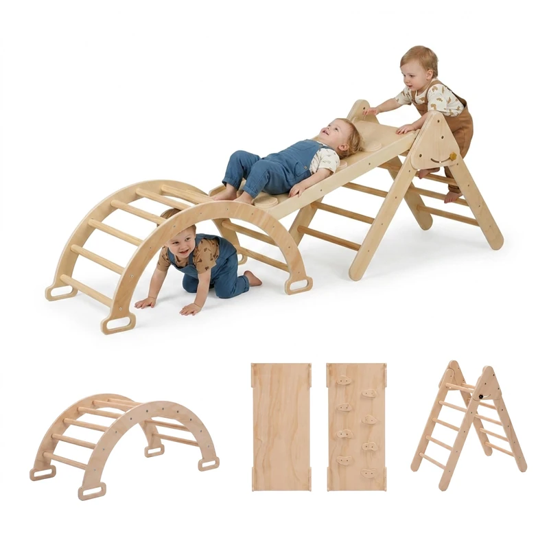 Relaxdays Climbing Triangle, 3-in-1, climbing arch, double-sided slide, from 18 months, wood, indoor climber, natural