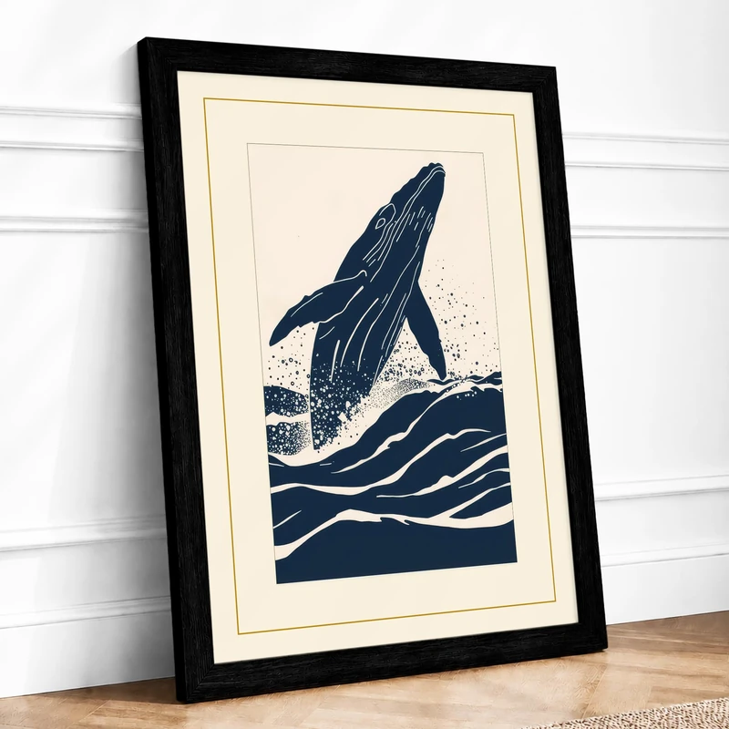 Whale Rising Coastal Framed Wall Art Print A1 (84.1×59.4cm) Black, Wall Decor for Living Room, Bedroom, Office & Home, Ready to Hang, Art Gift