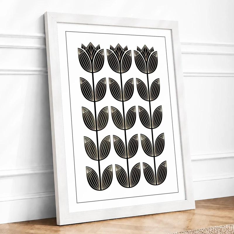 Tulip Grid Botanical Framed Wall Art Print A1 (84.1×59.4cm) White, Wall Decor for Living Room, Bedroom, Office & Home, Ready to Hang, Art Gift