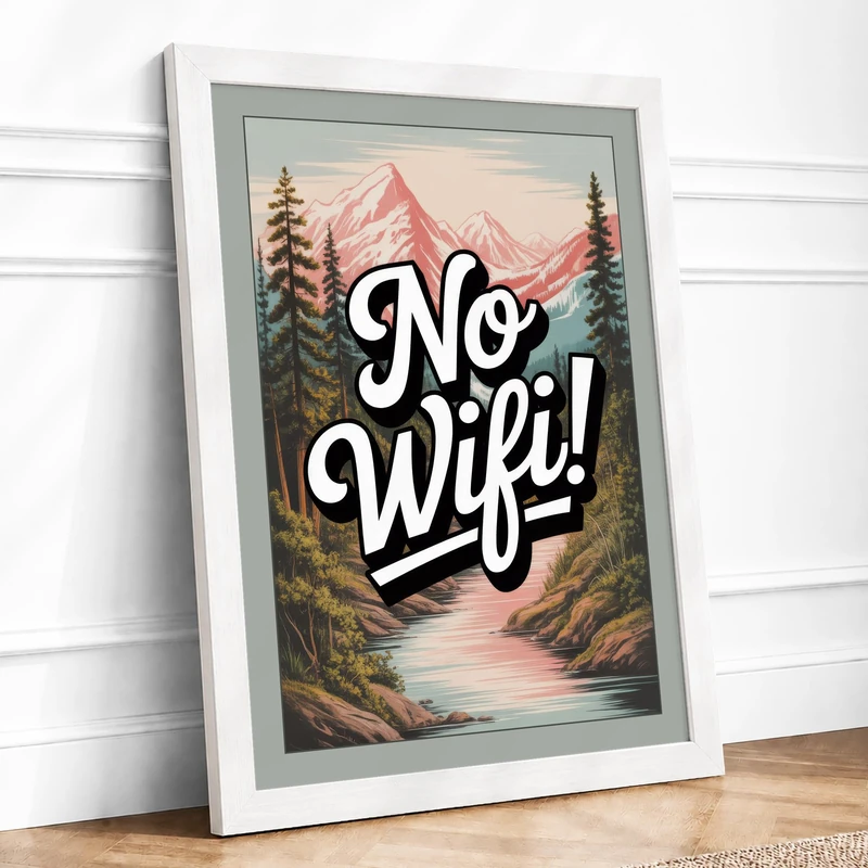 No Wifi Mountain Minimalist Framed Wall Art Print A1 (84.1×59.4cm) White, Wall Decor for Living Room, Bedroom, Office & Home, Ready to Hang, Art Gift - Image 1