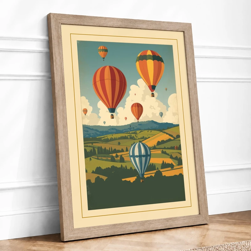 Balloons Over Countryside Vintage Framed Wall Art Print A1 (84.1×59.4cm) Oak, Wall Decor for Living Room, Bedroom, Office & Home, Ready to Hang, Art Gift