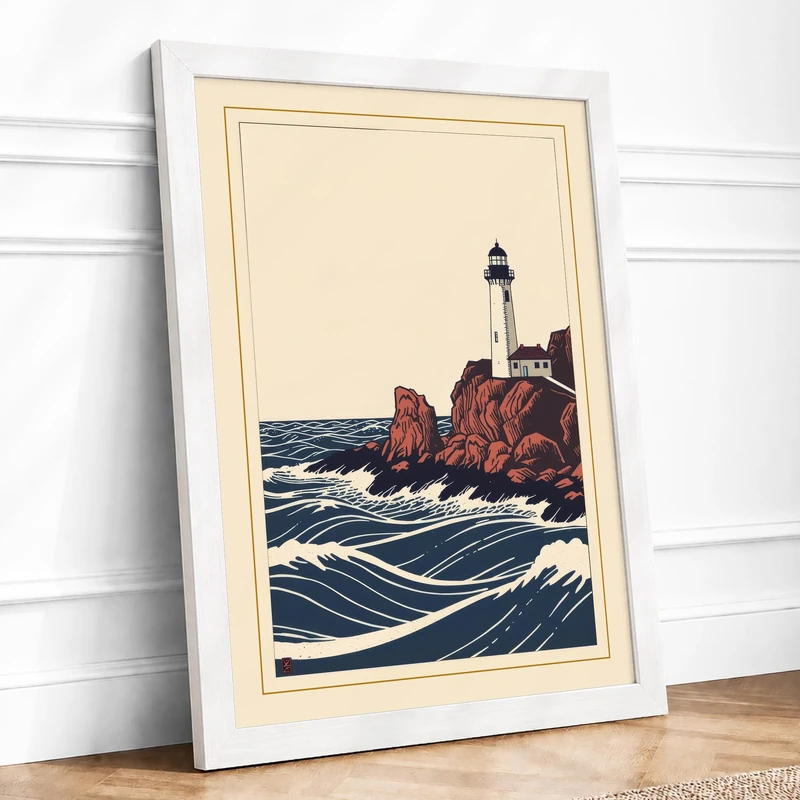 Lighthouse in Turbulent Seas Coastal Framed Wall Art Print A1 (84.1×59.4cm) White, Wall Decor for Living Room, Bedroom, Office & Home, Ready to Hang, Art Gift