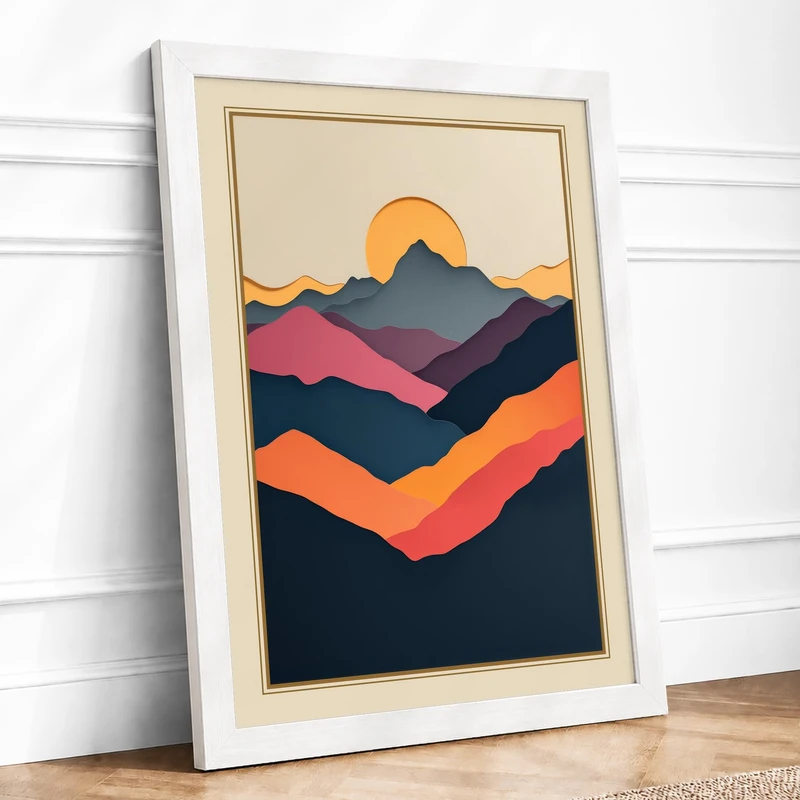 Mountains at Sunrise Modern Framed Wall Art Print A1 (84.1×59.4cm) White, Wall Decor for Living Room, Bedroom, Office & Home, Ready to Hang, Art Gift