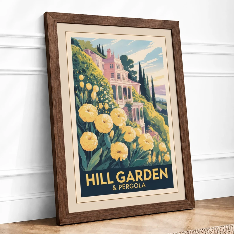 Mediterranean Hill Garden Vintage Framed Wall Art Print A1 (84.1×59.4cm) Walnut, Wall Decor for Living Room, Bedroom, Office & Home, Ready to Hang, Art Gift