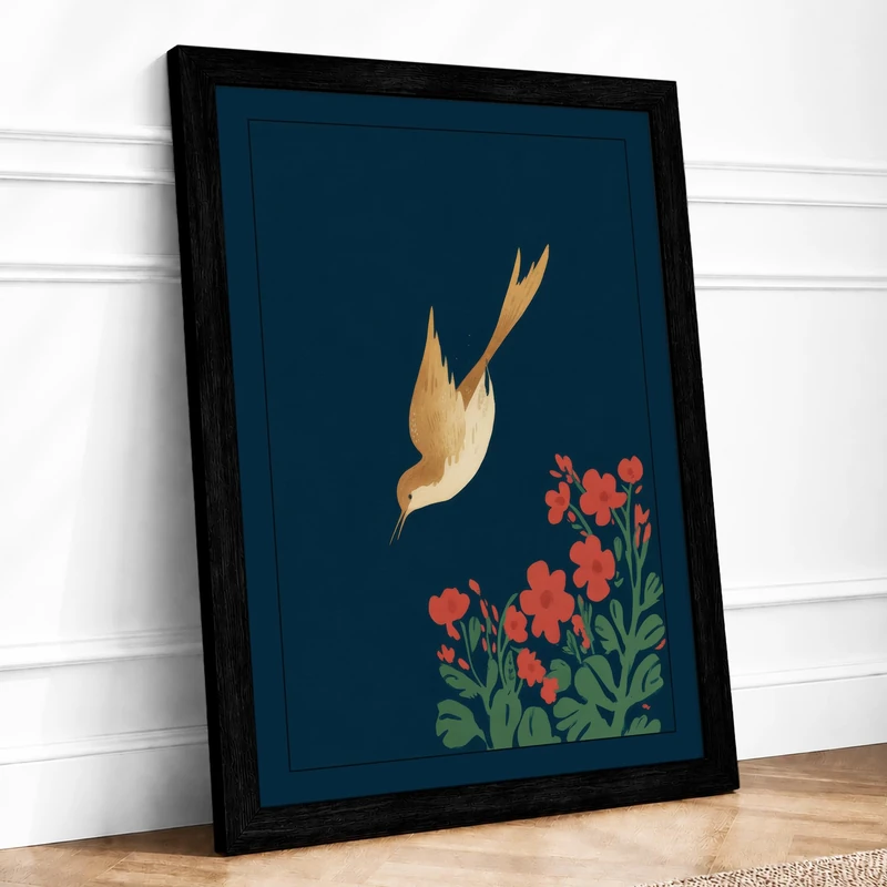 Golden Bird in Descent Botanical Framed Wall Art Print A1 (84.1×59.4cm) Black, Wall Decor for Living Room, Bedroom, Office & Home, Ready to Hang, Art Gift