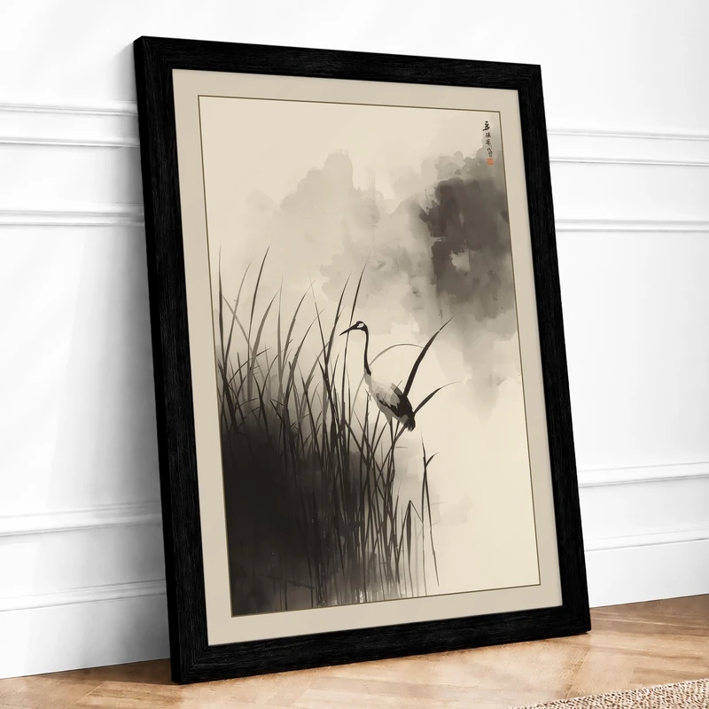 Bird in Flight Japandi Framed Wall Art Print A1 (84.1×59.4cm) Black, Wall Decor for Living Room, Bedroom, Office & Home, Ready to Hang, Art Gift