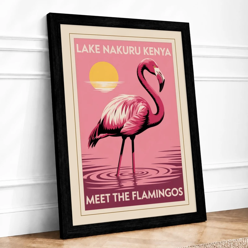 Lake Nakuru Flamingo Vintage Framed Wall Art Print A1 (84.1×59.4cm) Black, Wall Decor for Living Room, Bedroom, Office & Home, Ready to Hang, Art Gift - Image 1