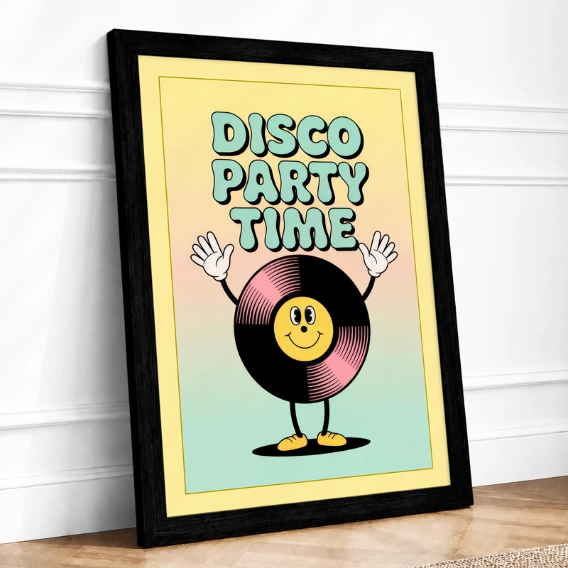 Disco Party Time Retro Framed Wall Art Print A1 (84.1×59.4cm) Black, Wall Decor for Living Room, Bedroom, Office & Home, Ready to Hang, Art Gift
