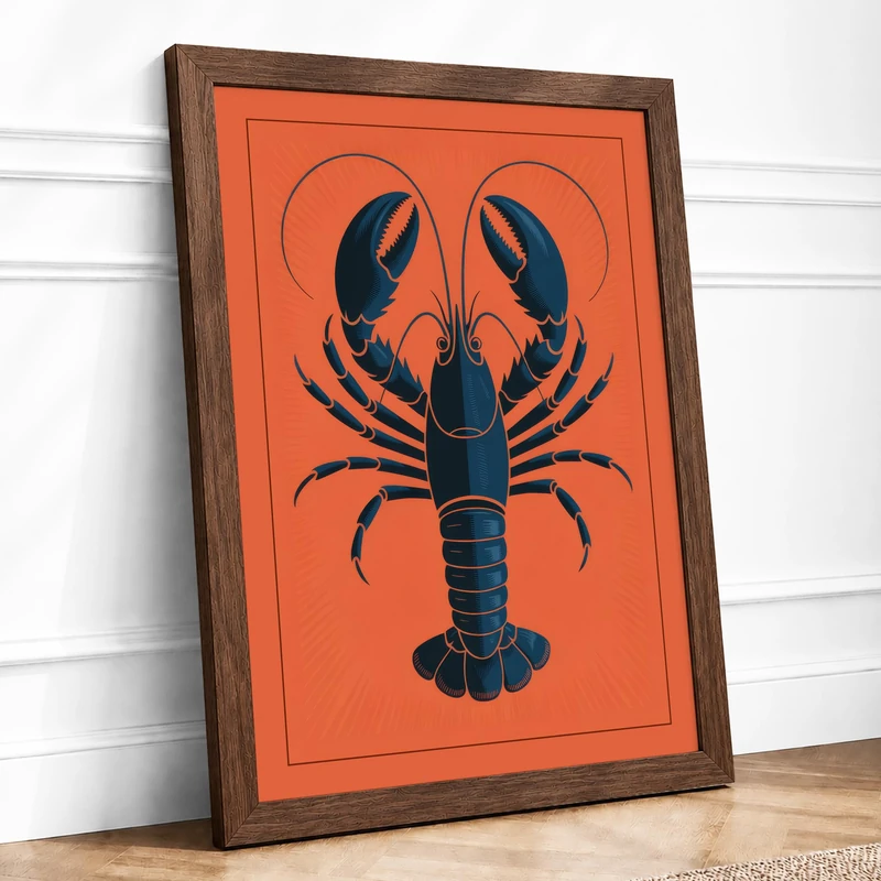 Lobster Emblem Modern Framed Wall Art Print A1 (84.1×59.4cm) Walnut, Wall Decor for Living Room, Bedroom, Office & Home, Ready to Hang, Art Gift