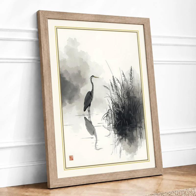 Heron in Misty Water Japandi Framed Wall Art Print A1 (84.1×59.4cm) Oak, Wall Decor for Living Room, Bedroom, Office & Home, Ready to Hang, Art Gift