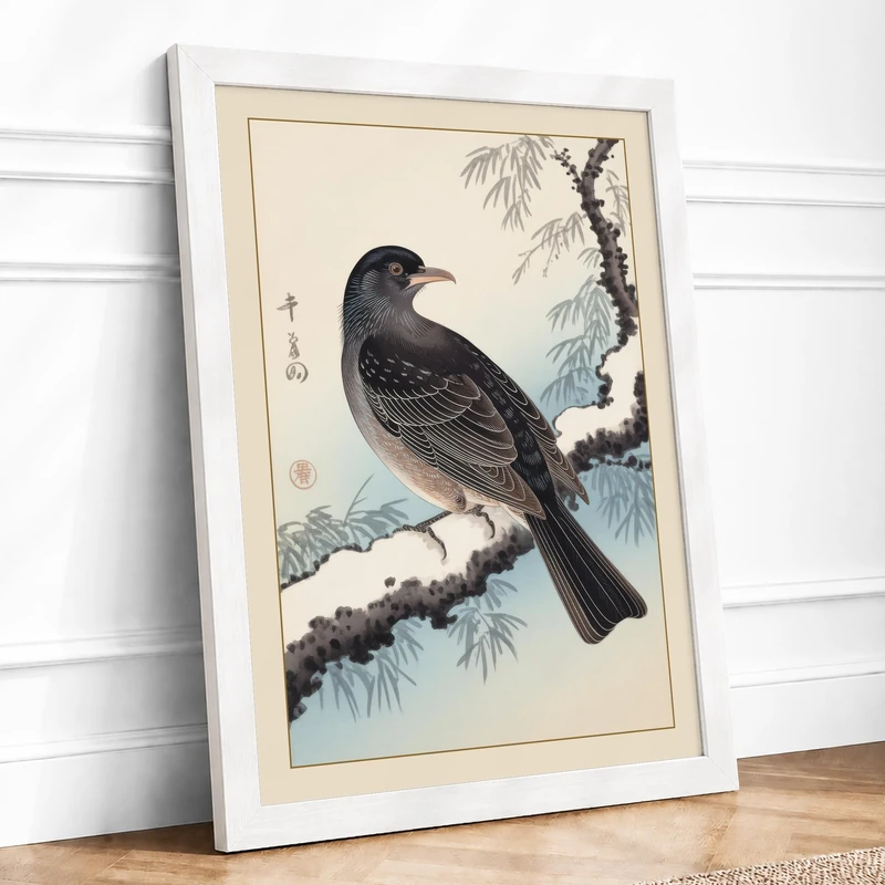 Winter Perch Japandi Framed Wall Art Print A1 (84.1×59.4cm) White, Wall Decor for Living Room, Bedroom, Office & Home, Ready to Hang, Art Gift - Image 1